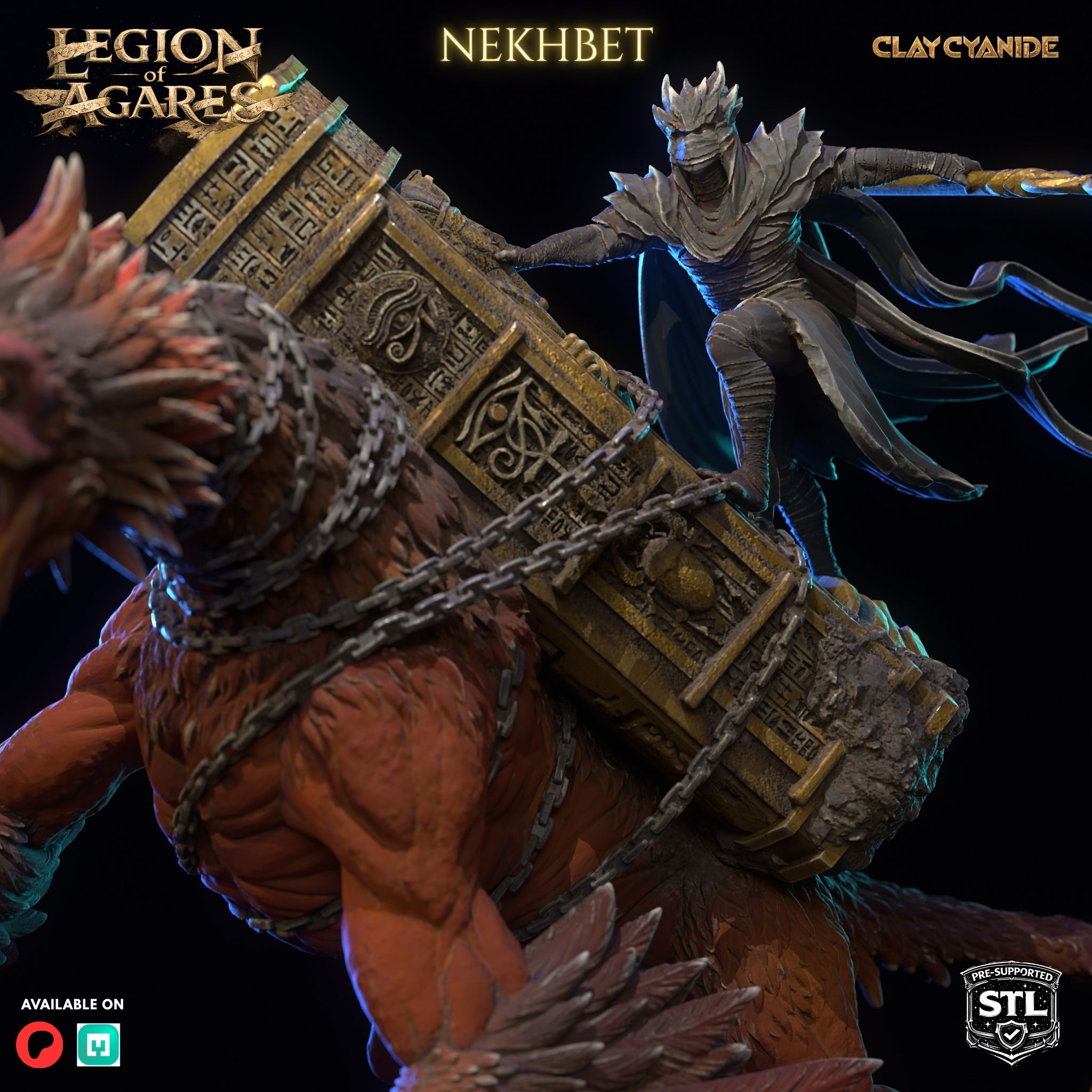 Nekhbet miniature STL side view — talons and feathered haunches, Clay Cyanide